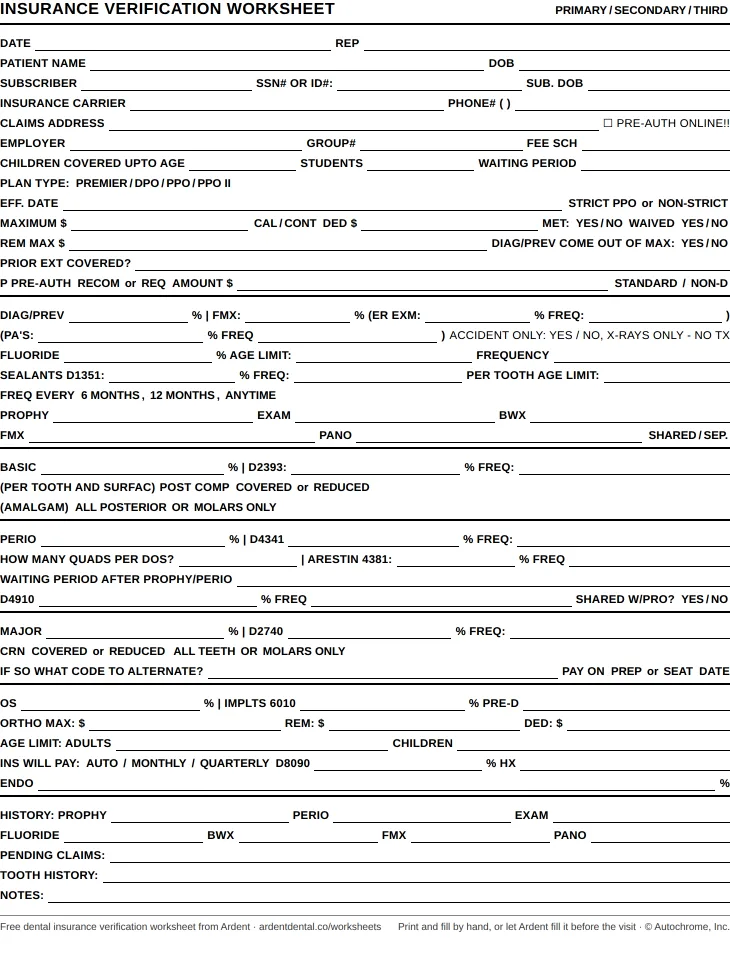 Preview of the general insurance verification worksheet: a blank, printable one-page form