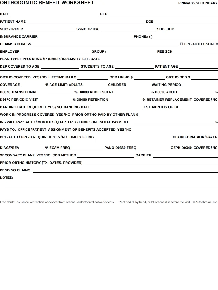 Preview of the orthodontic benefit worksheet: a blank, printable one-page form
