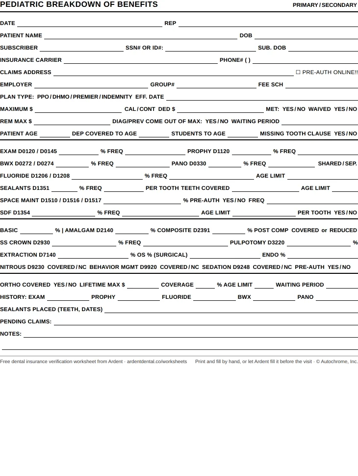 Preview of the pediatric breakdown of benefits: a blank, printable one-page form